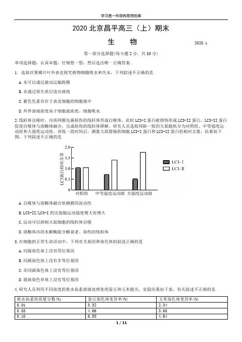 2020北京昌平高三(上)期末生物含答案