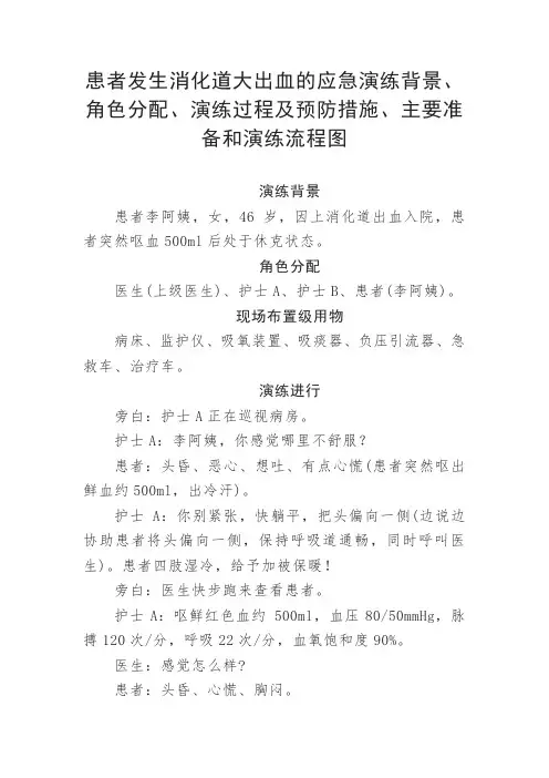 患者发生消化道大出血的应急演练背景、角色分配、演练过程及预防措施、主要准备和演练流程图