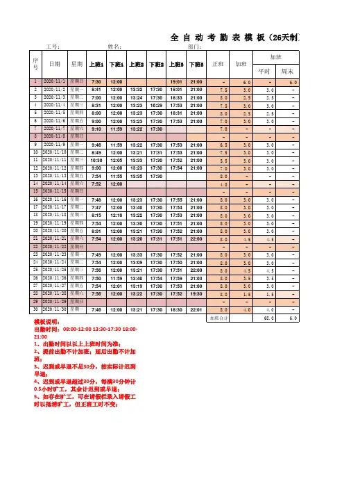 全自动月考勤表-26天工作制(含公式,自动计算工时、加班、迟到、早退、旷工等)