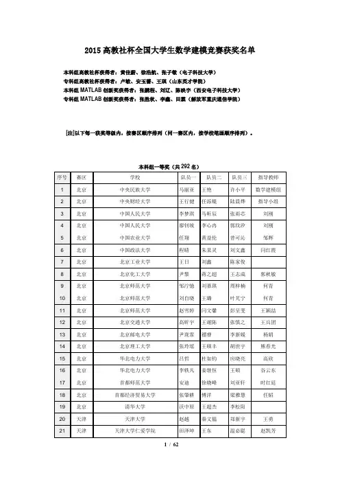 2015高教社杯全国大学生数学建模竞赛获奖名单