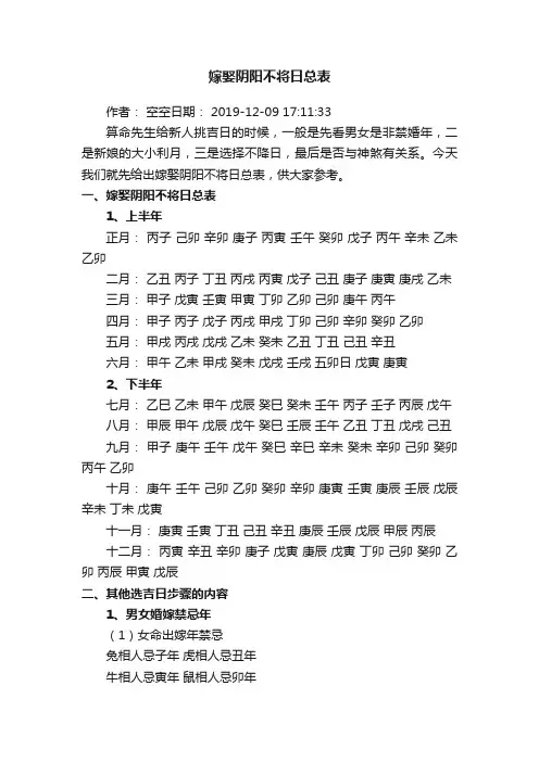 嫁娶阴阳不将日总表