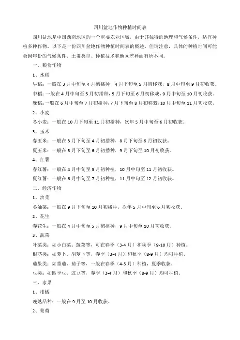 四川盆地作物种植时间表
