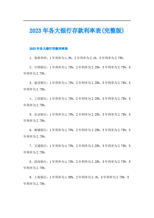 2023年各大银行存款利率表(完整版)