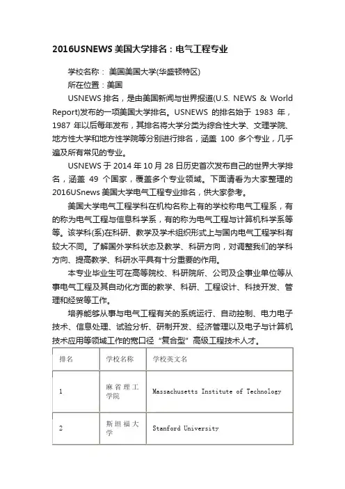 2016USNEWS美国大学排名：电气工程专业