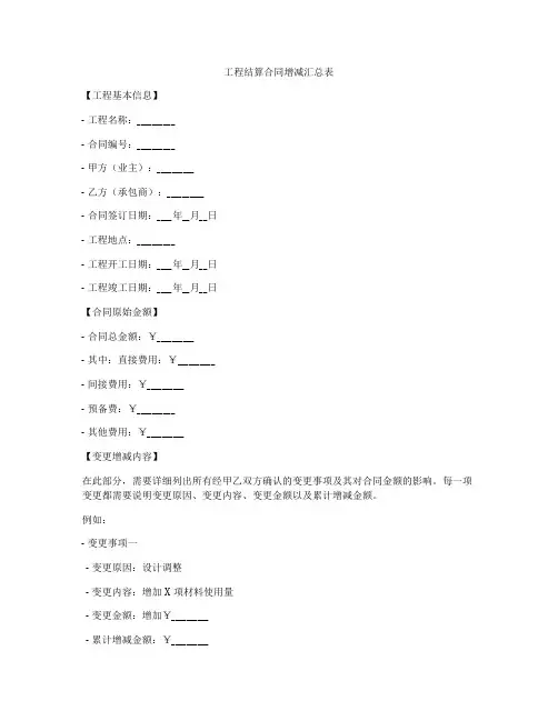 工程结算合同增减汇总表