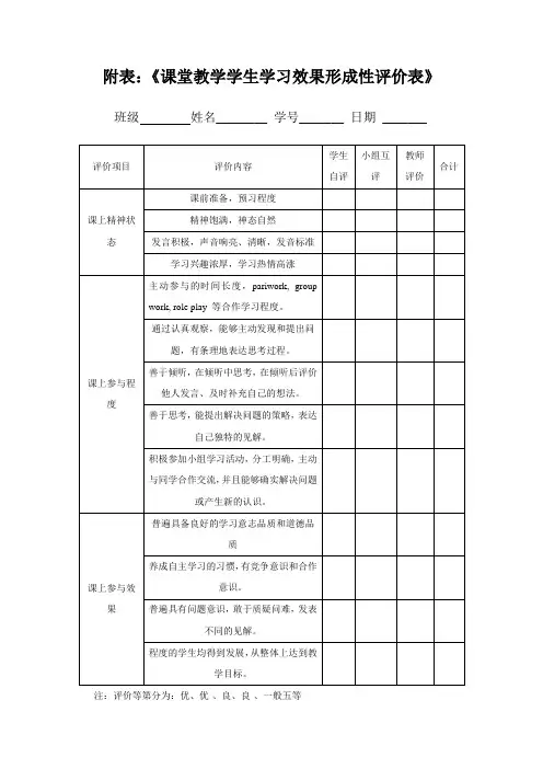 课堂教学学生学习效果形成性评价表