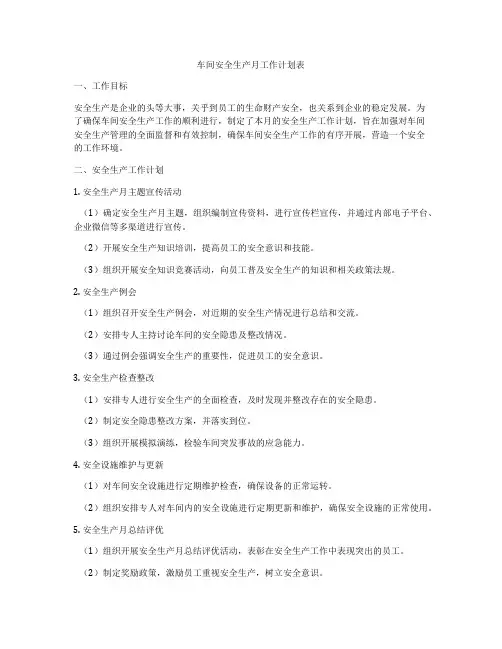 车间安全生产月工作计划表