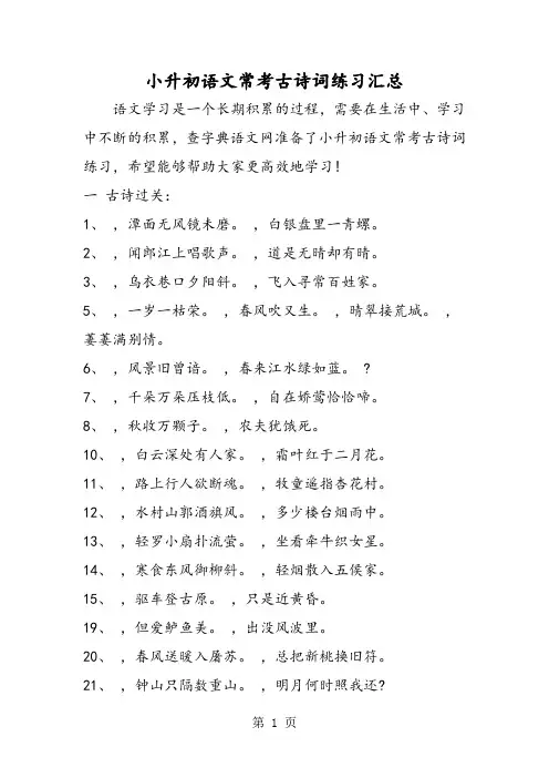 小升初语文常考古诗词练习汇总