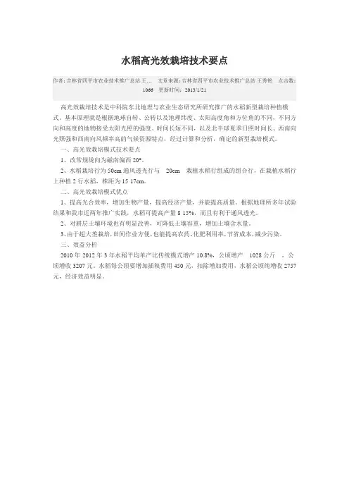 水稻高光效栽培技术要点