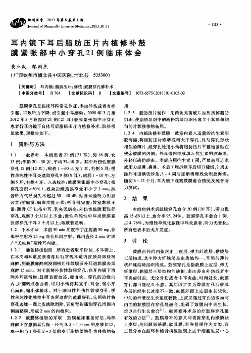 耳内镜下耳后脂肪压片内植修补鼓膜紧张部中小穿孔21例临床体会