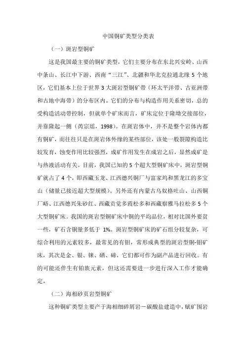 中国铜矿类型分类表