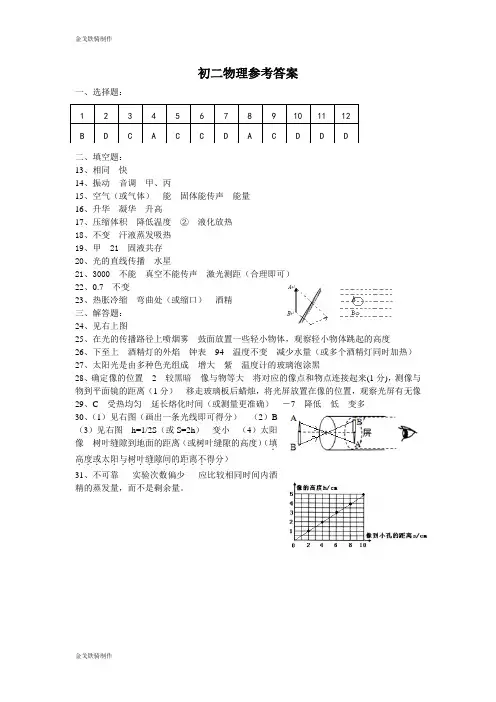 苏科版物理八年级上册初二物理参考答案