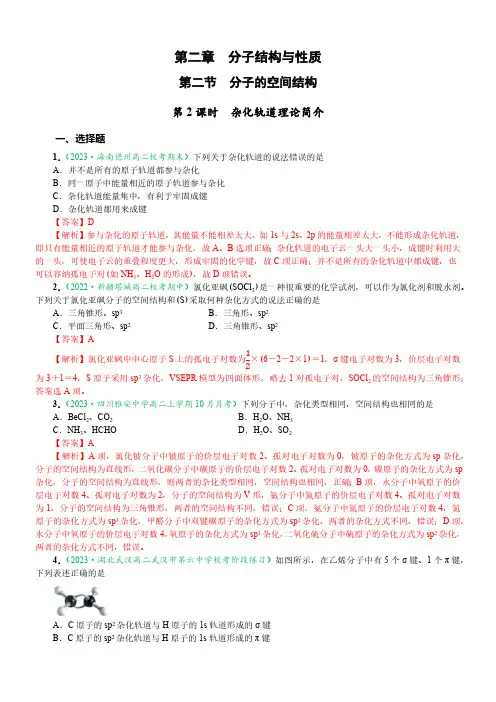 2.2.2 杂化轨道理论简介(达标作业)(解析版)-2023-2024学年高二化学同步课件(人教版)