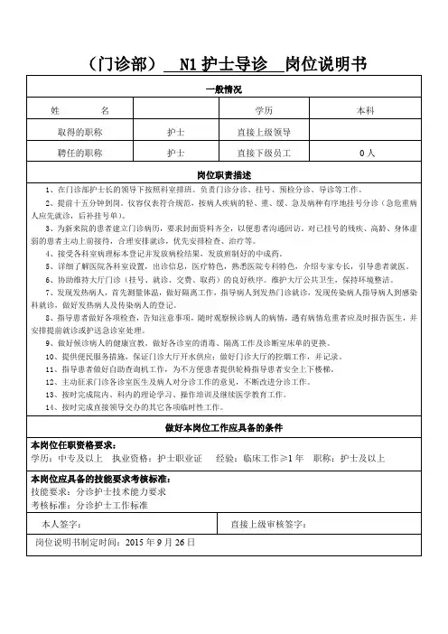 (门诊部)  N1护士导诊  岗位说明书