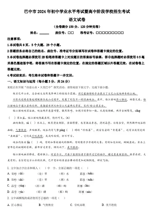 2024年四川省巴中市中考语文真题试卷含详解
