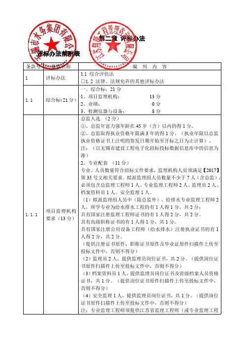 第二章评标办法评标办法前附表