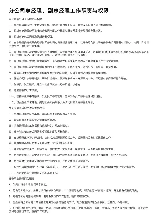 分公司总经理、副总经理工作职责与权限