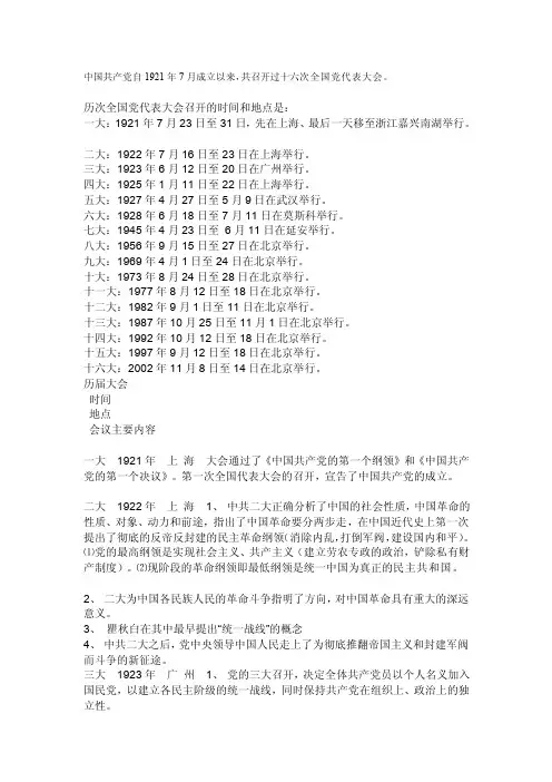 [最新]党从一大到十六大的会议时间、地点,以及会议的主要内容
