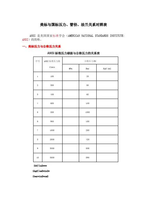 美标与国标压力、管径、法兰关系对照表