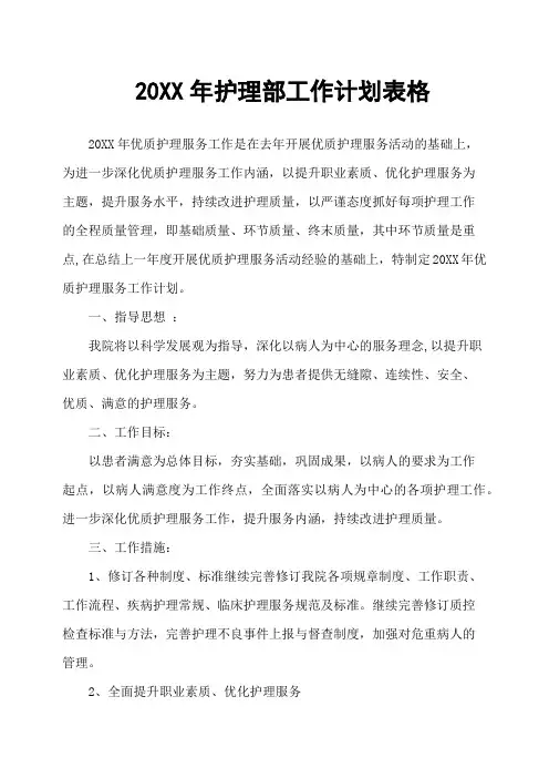 20XX年护理部工作计划表格