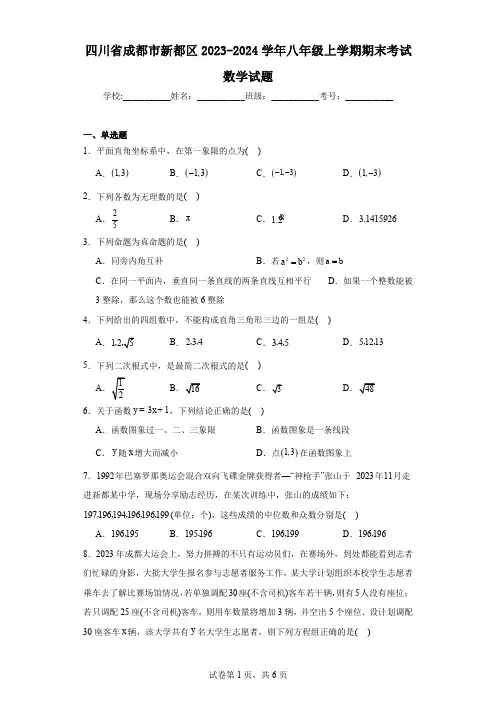 四川省成都市新都区2023-2024学年八年级上学期期末考试数学试题