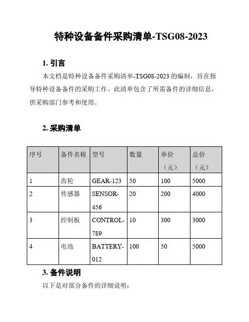 特种设备备件采购清单-TSG08-2023