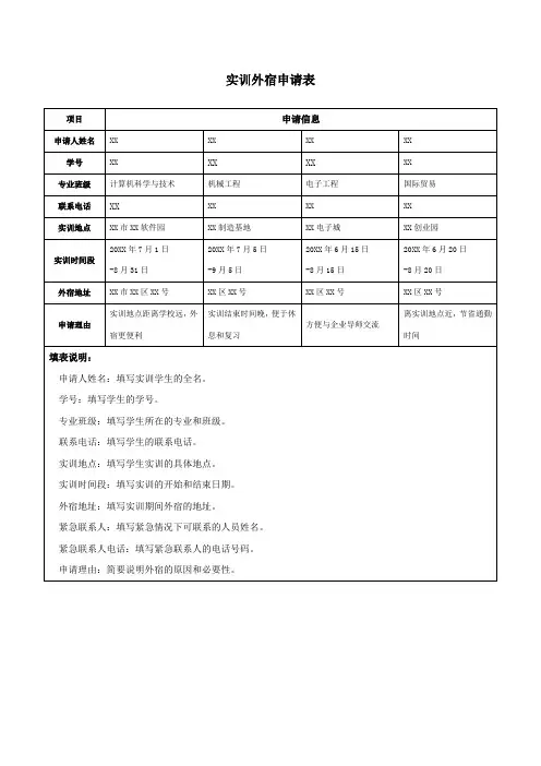 实训外宿申请表