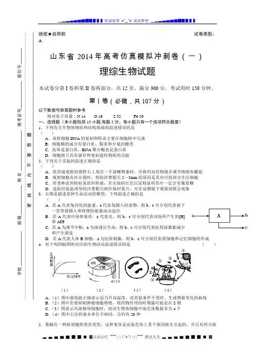 山东省2014年高考仿真模拟冲刺卷(一)理综生物试题 Word版含答案[ 高考]