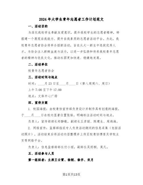 2024年大学生青年志愿者工作计划范文（六篇）