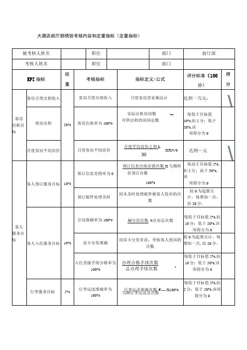 大酒店前厅部绩效考核内容和定量指标