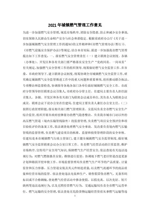 2021年城镇燃气管理工作意见