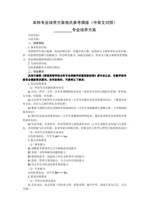 本科专业培养方案格式参考模版中英文对照专业培养方案