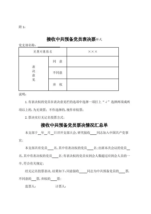 接收中共预备党员表决票样式