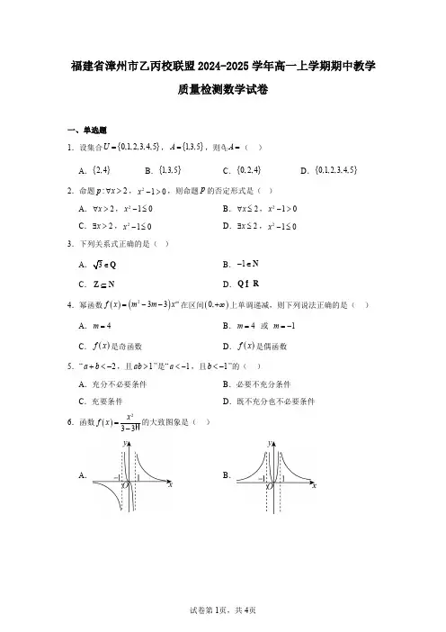 福建省漳州市乙丙校联盟2024-2025学年高一上学期期中教学质量检测数学试卷