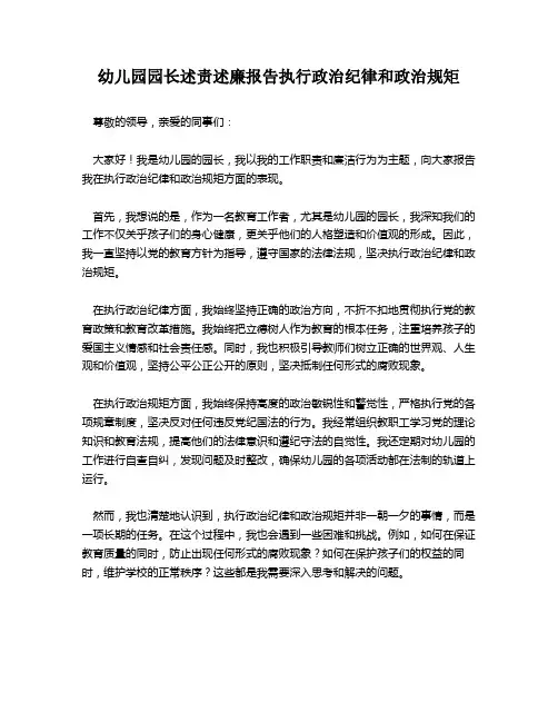幼儿园园长述责述廉报告执行政治纪律和政治规矩