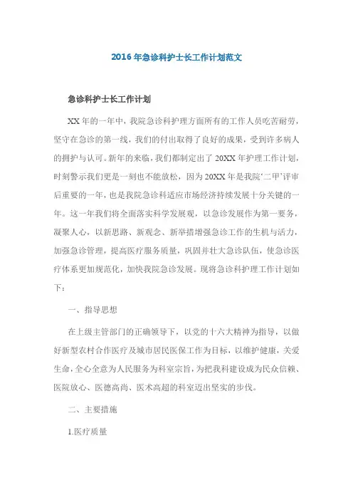 2016年急诊科护士长工作计划范文