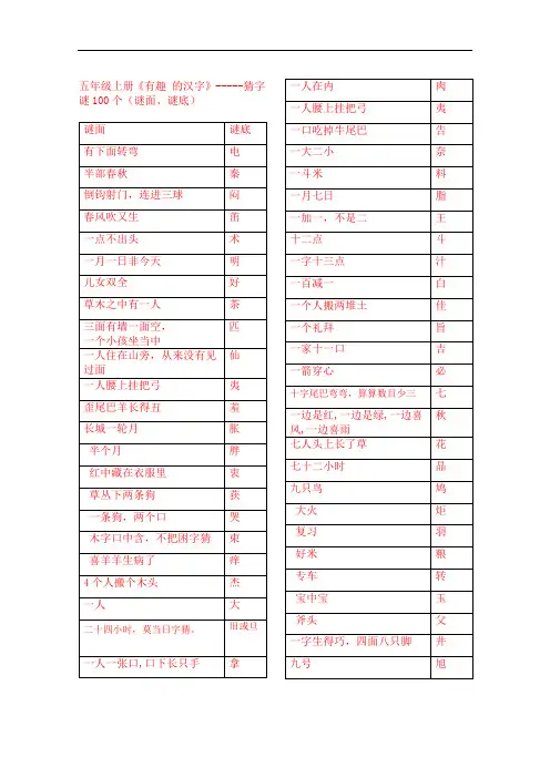 人教版五年级上册《有趣的汉字》-----猜字谜100个(谜面、谜底).doc