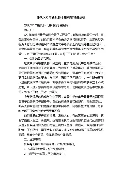 部队XX年新兵骨干集训领导讲话稿