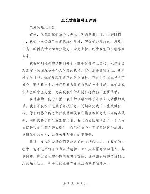 班长对班组员工评语