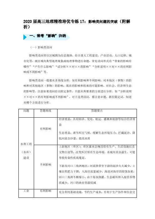 2020届高三地理精准培优专练17：影响类问题的突破(附解析)