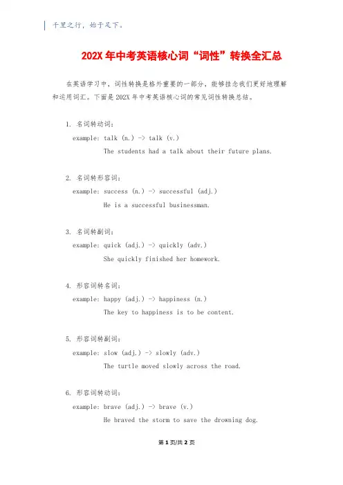 202X年中考英语核心词“词性”转换全汇总