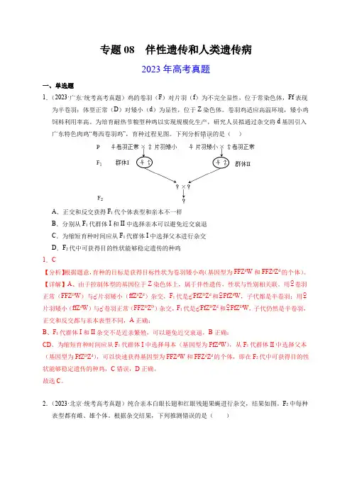 专题08伴性遗传和人类遗传病-2023年高考真题和模拟题生物分项汇编(全国通用)(解析版)