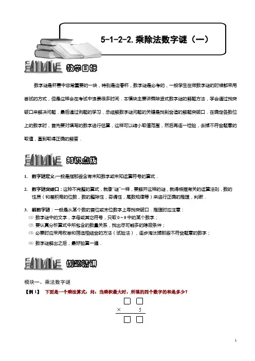 小学奥数数字谜综合之乘除法数字谜(一)(学生版)