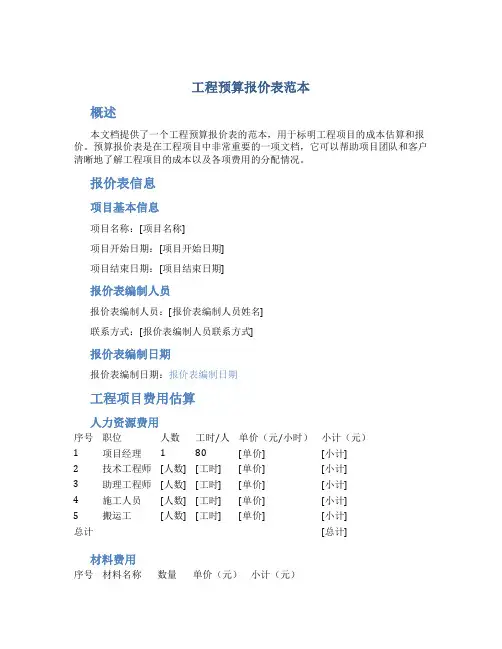 工程预算报价表范本