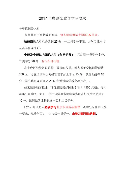 2017年度继续教育学分要求及方法