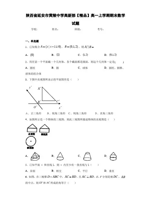高中陕西省延安市黄陵中学高新部高一上学期期末数学试题