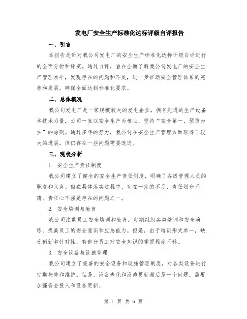 发电厂安全生产标准化达标评级自评报告（二篇）