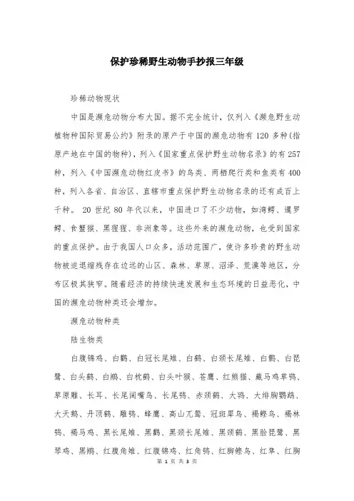 保护珍稀野生动物手抄报三年级