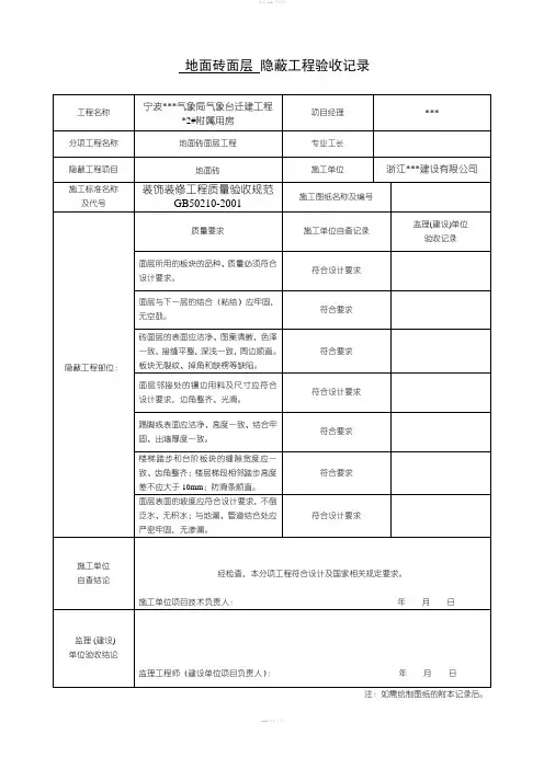 装饰装修隐蔽工程验收记录表(全套范例)