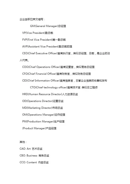 企业各职位英文